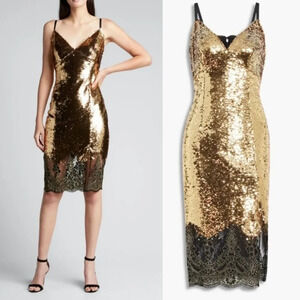 NEW Marchesa Notte Sequin V-Neck Lace-Hem Slip Dress